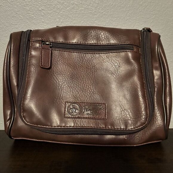 PENGUIN By Munsingwear - Brown Travel Shave Toiletry Bag Personal Kit Leather - Picture 1 of 8